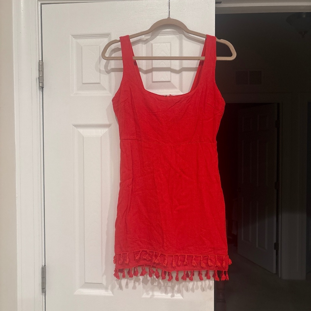 Lulus Red Tassle Summer Dress Linen Blend